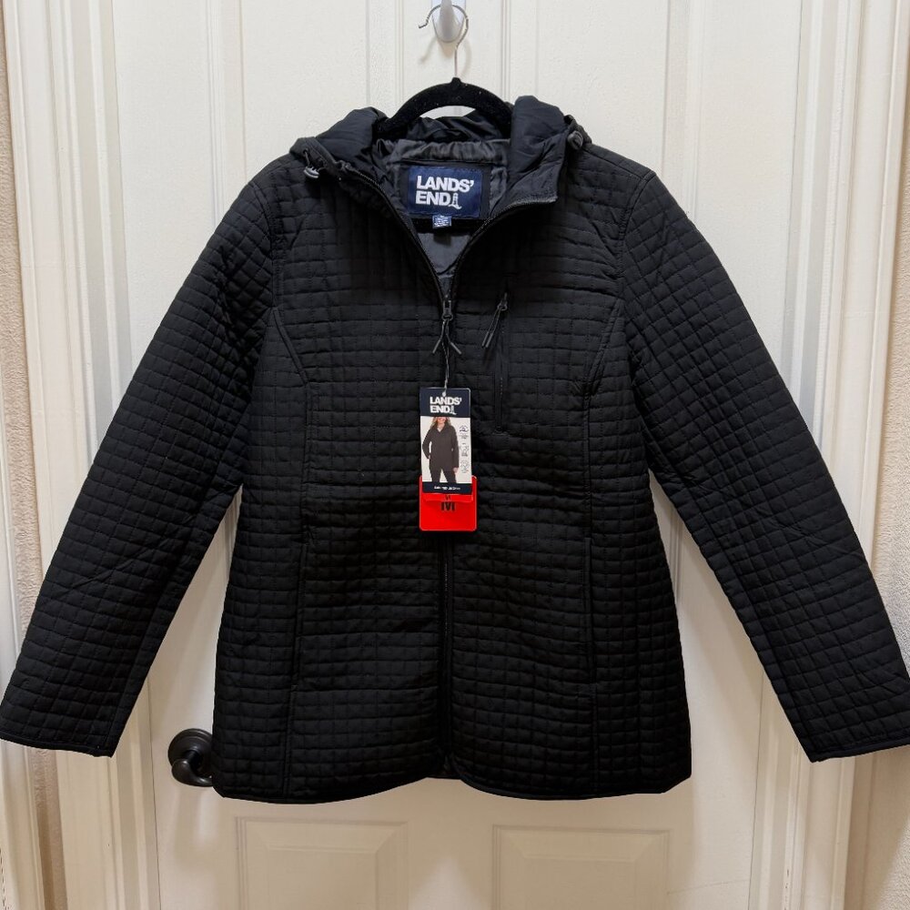 Lands' End Women's Quilted Lightweight Hooded Jacket Size M Black Casual (NEW)